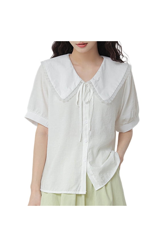 Womens Tops, Womens Short Sleeve Button Down Shirts Cute Tie Front Doll Collar Tops Teens Summer Gauzy Tunic Peasant Blouse
