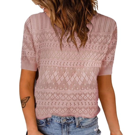 Womens Tops Womens Short Sleeve Crew Neck Lightweight Knit Sweater Blouse Trendy