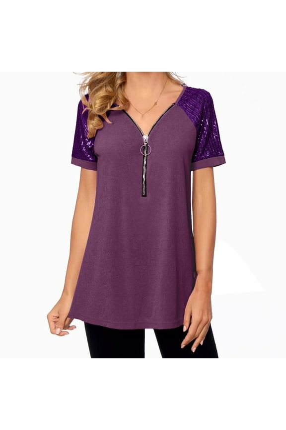 Womens Tops, Womens Short Sleeve Sequin Tops Quarter Zip Blouse Plus Size Glitter V Neck Shirts Casual Festival Party Tunic Blouse
