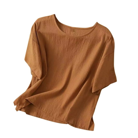 Womens Tops Womens Solid Color Casual Loose T Shirt Short Sleeve Round Neck Linen Blouse Plus Size Women Tops Summer Blouses for Women