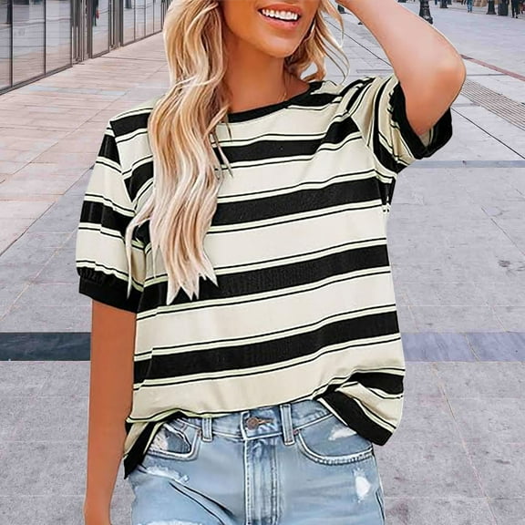 Womens Tops Womens Summer Tops 2025 Striped Color Block Short Sleeve T Shirts Crewneck Casual Loose Basic Tee Blouses Shirts for Women