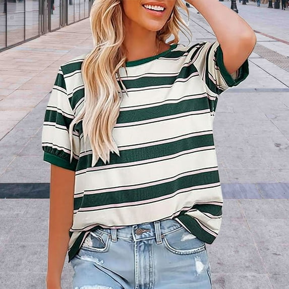 Womens Tops Womens Summer Tops 2025 Striped Color Block Short Sleeve T Shirts Crewneck Casual Loose Basic Tee Blouses Shirts for Women
