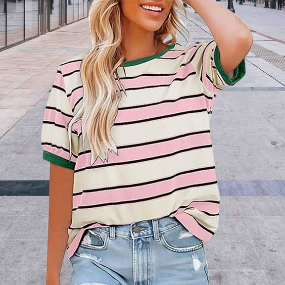 Womens Tops Womens Summer Tops 2025 Striped Color Block Short Sleeve T Shirts Crewneck Casual Loose Basic Tee Blouses Shirts for Women