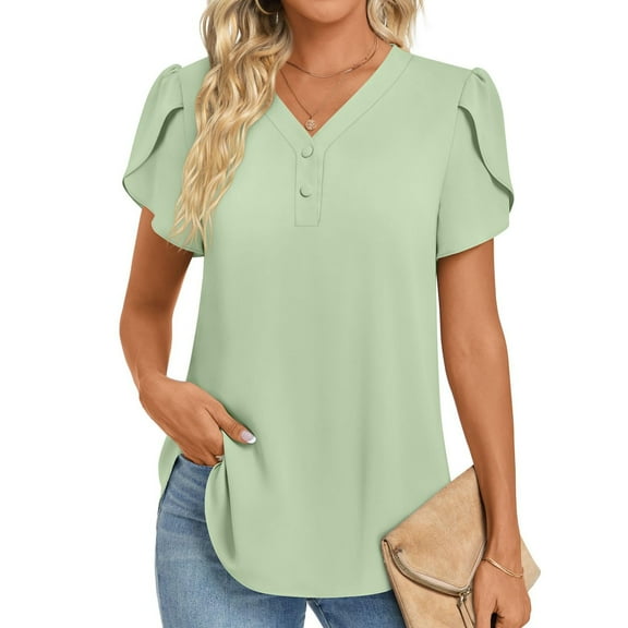 Womens Tops Womens Summer Tunic Tops Casual Short Sleeve V Neck Blouse Buttons Shirts