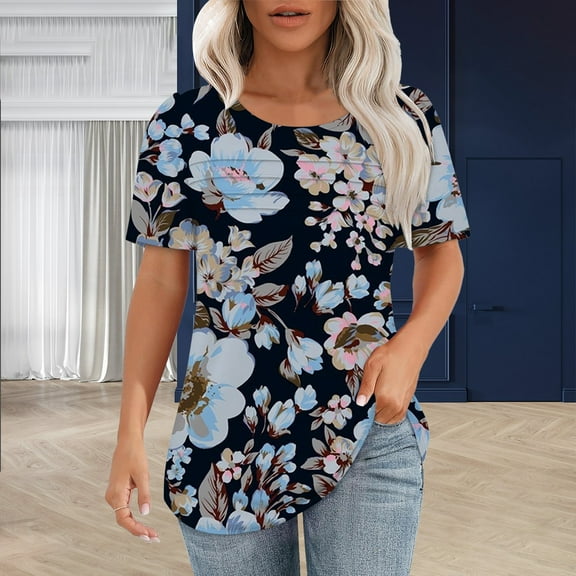 Womens Tops Womens T Shirts Short Sleeve Tops Casual Blouses Spring Outfits Flowy Pleated Front Neck Shirts for Women