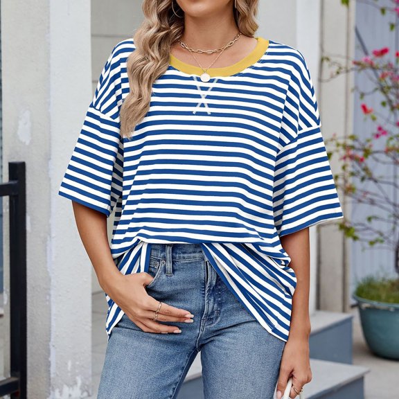 Womens Tops Womens T Shirts Striped Basic Tees Short Sleeve Crewneck Casual Loose Tops Shirts 2025 Summer Outfits Shirts for Women