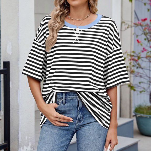 Womens Tops Womens T Shirts Striped Basic Tees Short Sleeve Crewneck Casual Loose Tops Shirts 2025 Summer Outfits Shirts for Women