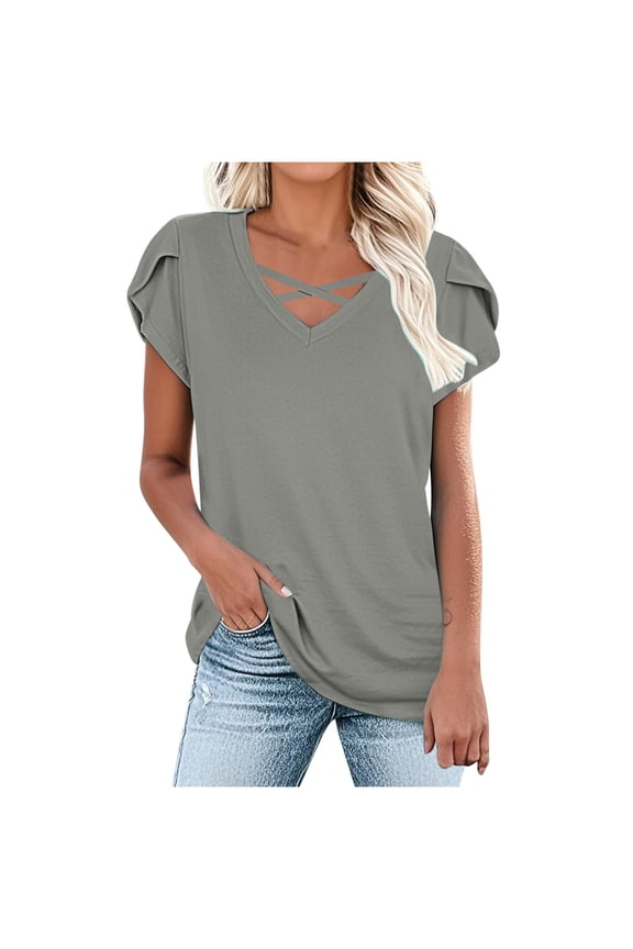 Womens Tops, Womens Tops Casual Cross Front V-Neck Short Sleeve T-Shirt Breathable Loose Tunic Blouse Summer Clothes 2026