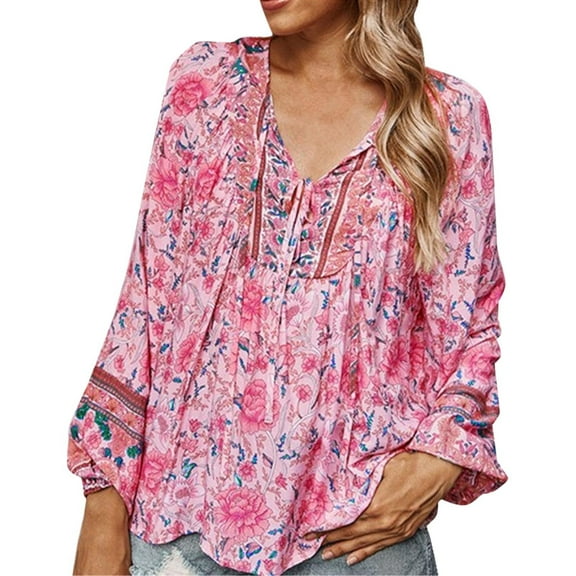 Womens Tops Workout Shirts Fashion Loose V Neck Printed Loose Casual Long Sleeves Boho Fall Clothes for Women Tees Blouses Pink Size XL