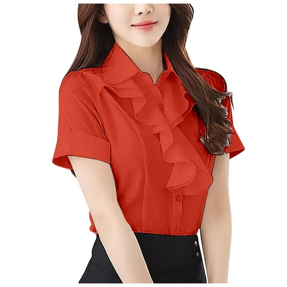 Womens Tops Workout Shirts Ladies Chiffon Short Sleeved Summer Thin Loose Korean Temperament Plus Size Slim Women Tees Blouses Red XL