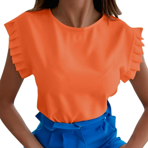 Womens Tops Workout Shirts Sleeveless Summer Folds O Neck Slim Fit Work Athletic Casual Women Tees Blouses Orange 2XL
