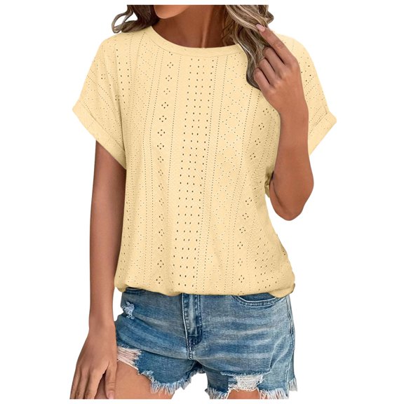 Womens Tops Workout Shirts Solid Color Fashion Casual Crew Neck Summer Short Sleeve Casual Loose Plain Tees Blouses Yellow XL