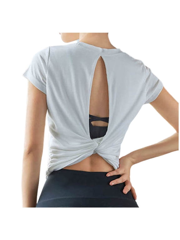 Womens Tops Workout Shirts Solid Color Open Back Short Sleeve Crop Loose Athletic Yoga Casual Cropped Plain Tees Blouses White L