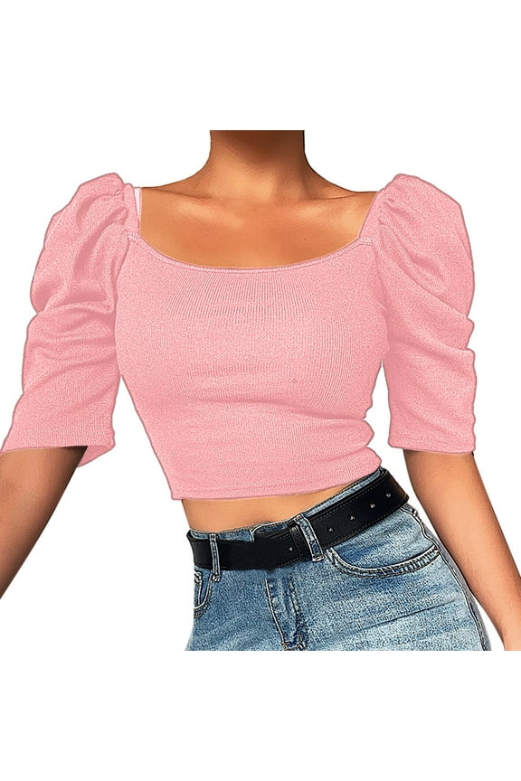 Womens Tops Workout Shirts Solid Color Summer Simple Square Collar Bubble Sleeve Slim Short Sleeve Plain Tees Blouses Pink L