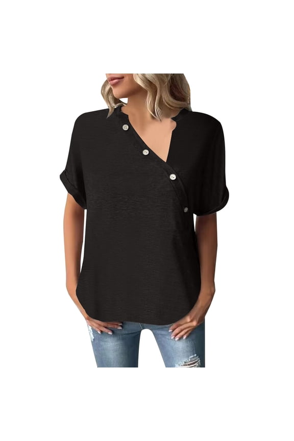 Womens Tops Workout Shirts Solid Color Twisted Button Short Sleeve Casual Plain Tees Blouses Black 2XL