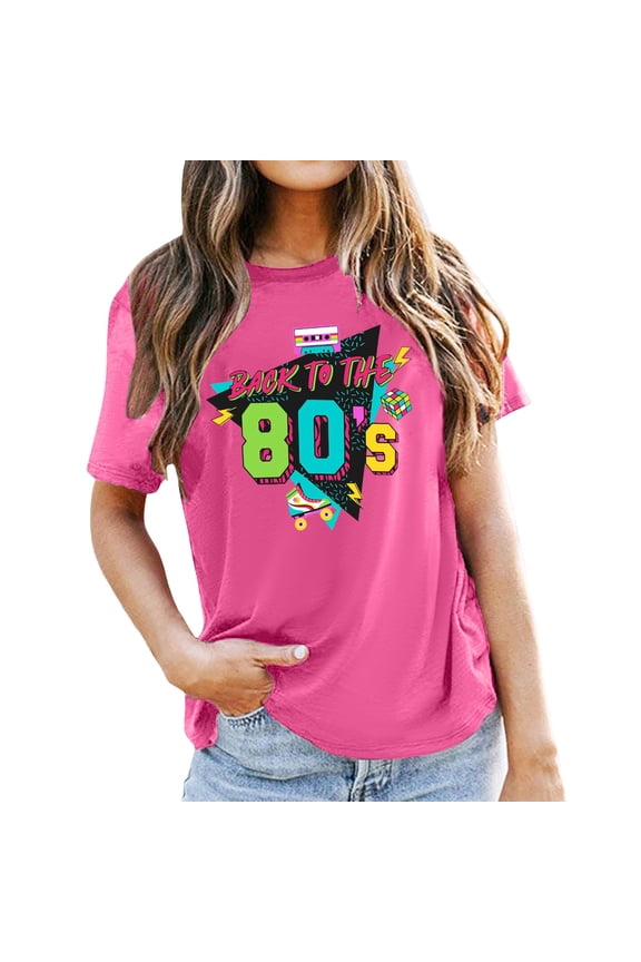 Womens Tops Workout Shirts The 80'S Vintage 80S Music Graphic T 80'S Party Short Sleeve Fall Clothes for Women Tees Blouses Hot Pink Size XL