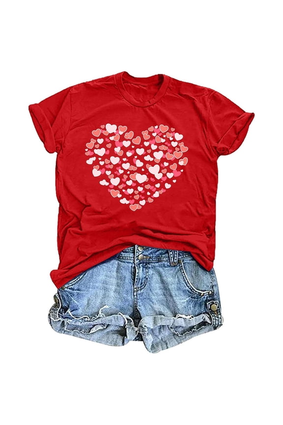 Womens Tops Workout Shirts Valentine’S Day Heart Print Short Sleeve Women Tees Blouses Red XL