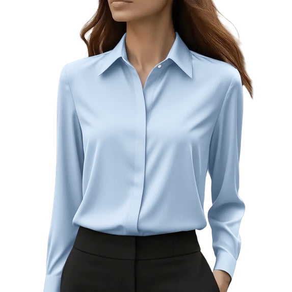 Womens Tops Wrinkle Resistant Long Sleeve formal Work Blouse Spring Summer Shirts for Women Blue L