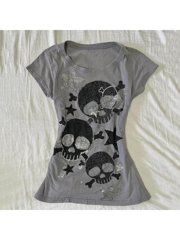 Womens Tops Y2K Emo Grunge Skull Star Shirts Women Harajuku Tee Tops (Grey M/2)