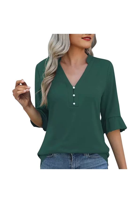 Womens Tops, Yigetop Women's Solid Color Fashionable Casual Sleeve V Neck Mid Sleeve T Shirt Top Shirt Ladies Tops and Blouses Green 3XL