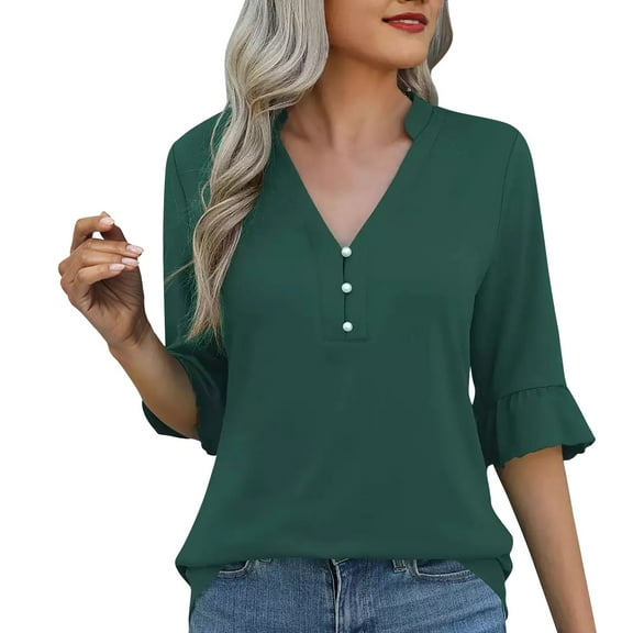 Womens Tops, Yigetop Women's Solid Color Fashionable Casual Sleeve V Neck Mid Sleeve T Shirt Top Shirt Ladies Tops and Blouses Green S