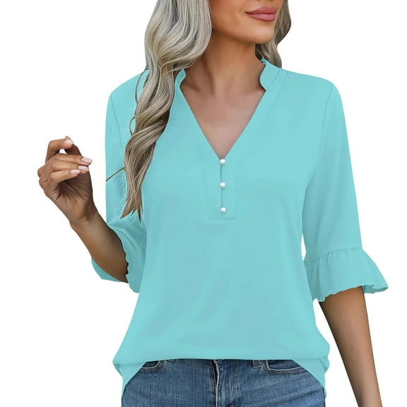 Womens Tops, Yigetop Women's Solid Color Fashionable Casual Sleeve V Neck Mid Sleeve T Shirt Top Shirt Ladies Tops and Blouses Sky Blue XL