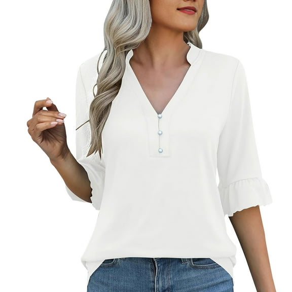 Womens Tops, Yigetop Women's Solid Color Fashionable Casual Sleeve V Neck Mid Sleeve T Shirt Top Shirt Ladies Tops and Blouses White S