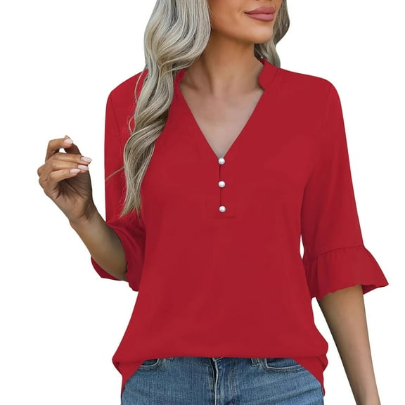Womens Tops, Yigetop Women's Solid Color Fashionable Casual Sleeve V Neck Mid Sleeve T Shirt Top Shirt Ladies Tops and Blouses Wine M