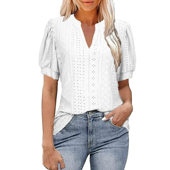 Womens Tops! Yigetop Womens Summer Business Casual Blouses V Neck Short Sleeve Shirts Hollow Out Cute Lace Tops Eyelet Tops for Women White L