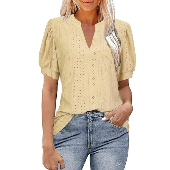 Womens Tops! Yigetop Womens Summer Business Casual Blouses V Neck Short Sleeve Shirts Hollow Out Cute Lace Tops Eyelet Tops for Women Yellow XL