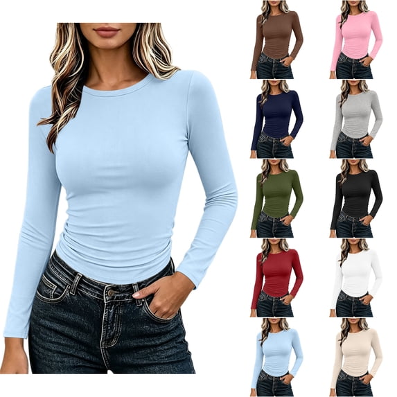 Womens Tops Zaewscy Women's Solid Color Crew Neck Long Sleeve T-Shirt Casual Classic Layering Top Light Blue L