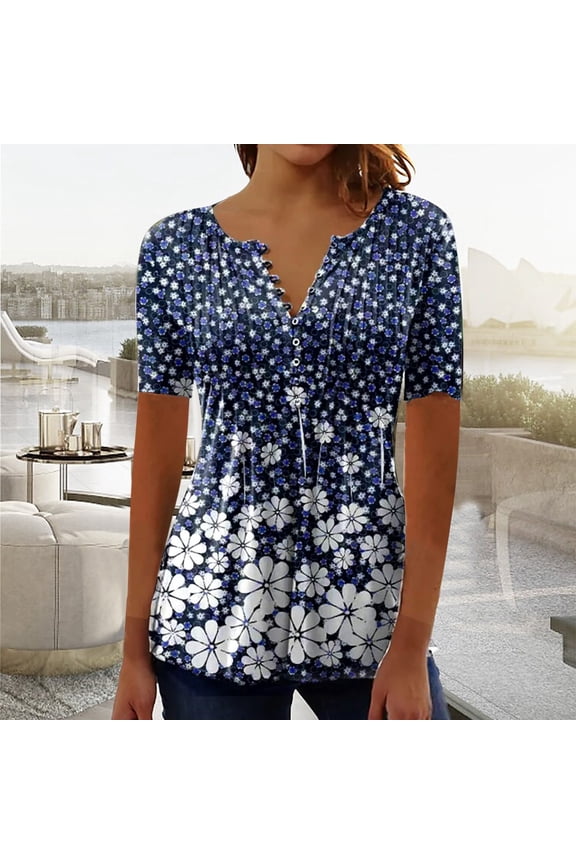 Womens Tops and Blouses 2023 Cute Summer Tops for Women Pullover Blouses Short Sleeve V Neck Floral Print T-Shirts Loose Fit Tunics
