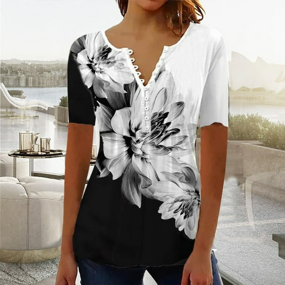 Womens Tops and Blouses 2023 Cute Summer Tops for Women Pullover Blouses Short Sleeve V Neck Floral Print T-Shirts Loose Fit Tunics