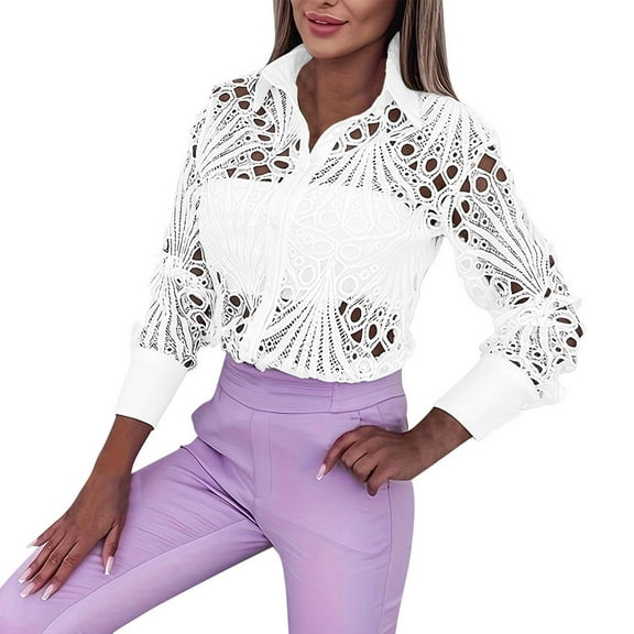 Womens Tops and Blouses Dressy Casual Lace Crochet Long Sleeve Shirts Button-up Elegant Work Blouse