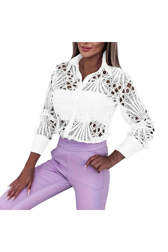 Womens Tops and Blouses Dressy Casual Lace Crochet Long Sleeve Shirts Button-up Elegant Work Blouse