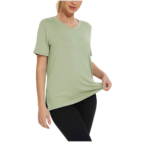 Womens Tops and Blouses Solid Color V-Neck Short Sleeved Casual T-Shirts Vacation and Workout Fashion Outfit Clothes