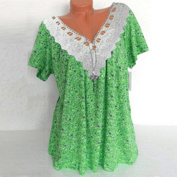 Womens Tops for $10 Women Fashion Casual Printing Shirts Short Sleeve Tops V Neck Lace Stitching Blouse Green XXXXL