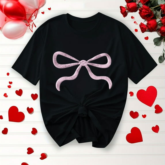 Womens Tops under $10 Bow Ribbon Short-Sleeved Printed Round Neck Casual T-Shirt Black S