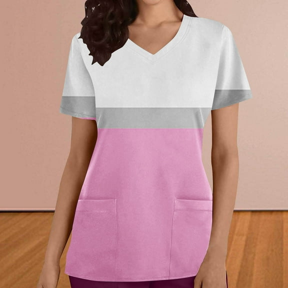 Womens Tops under $10 Short-Sleeved Pocket V-Neck Print Casual Nurse Dress Top Pink S