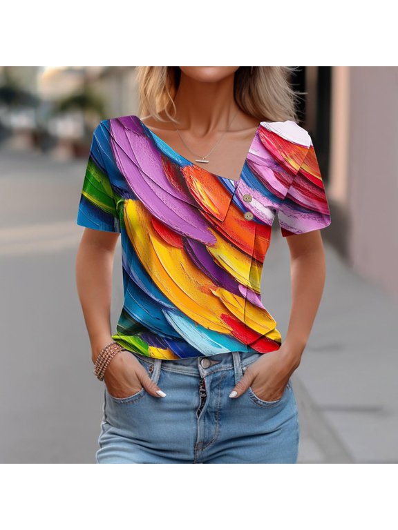 Womens Tops under $10 Short-Sleeved V-Neck Casual Print Top Multicolor S