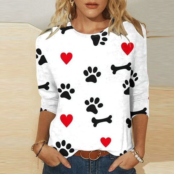 Womens Tops under $5 3/4 Sleeve Round Neck Pullover Love Dog Claw Printed Casual Print Blouse Black S