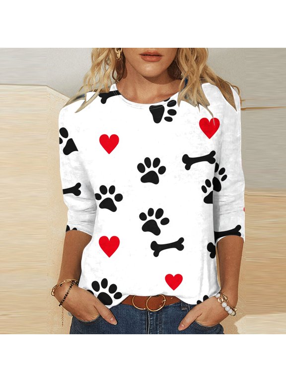 Womens Tops under $5 3/4 Sleeve Round Neck Pullover Love Dog Claw Printed Casual Print Blouse Black S
