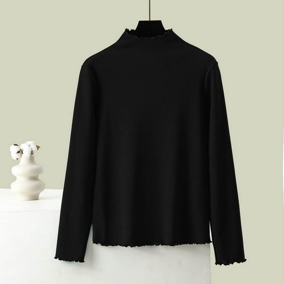 Womens Tops under $5 Plus Size Long Sleeve Round Neck Solid Color Undershirt Black L