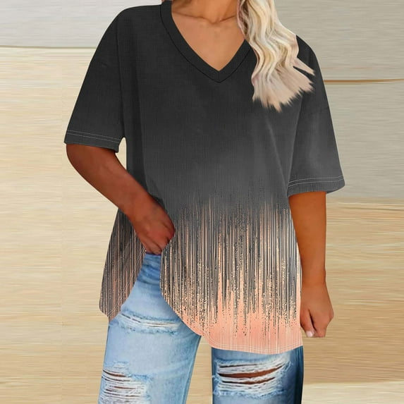 Womens Tops under $5 Plus-Size Short Sleeved V-Neck Printing Base Shirt Brown XL