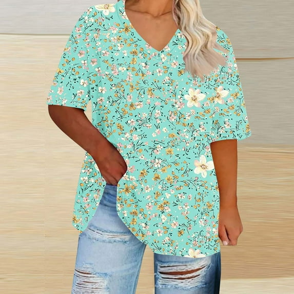 Womens Tops under $5 Plus-Size Short Sleeved V-Neck Printing Base Shirt Light Blue XXXXXL