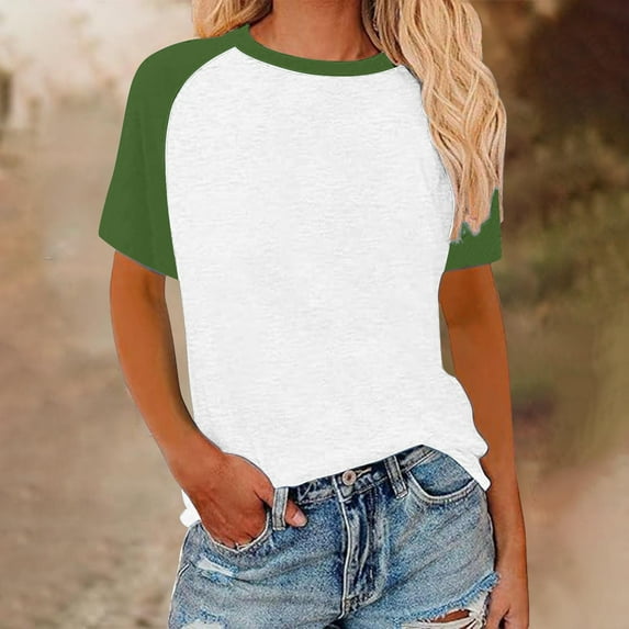 Womens Tops under $5 Short Sleeved Round Neck Color Block Printed Pullover Fashionable Top Green M