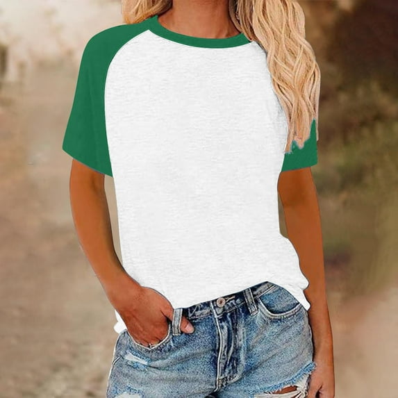 Womens Tops under $5 Short Sleeved Round Neck Color Block Printed Pullover Fashionable Top Green XL