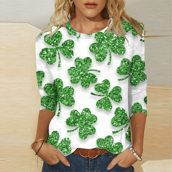 Womens Tops under $5 St. Patrick's Day 3/4 Sleeves Shamrock Print Printed Round Neck Casual T-shirt Green L