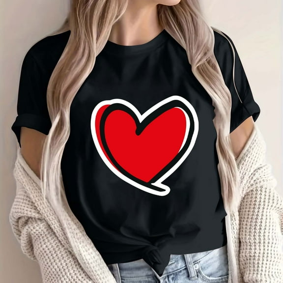 Womens Tops under $5 Valentine's Day Love Print Short Sleeve Round Neck T-Shirt Gifts for Her Black L