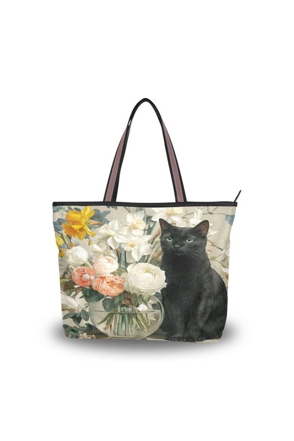 Womens Tote Bag Fashion Handbags Shoulder Bag Lightweight & Multi-Compartment Carryall Black Cat and Glass Vase M